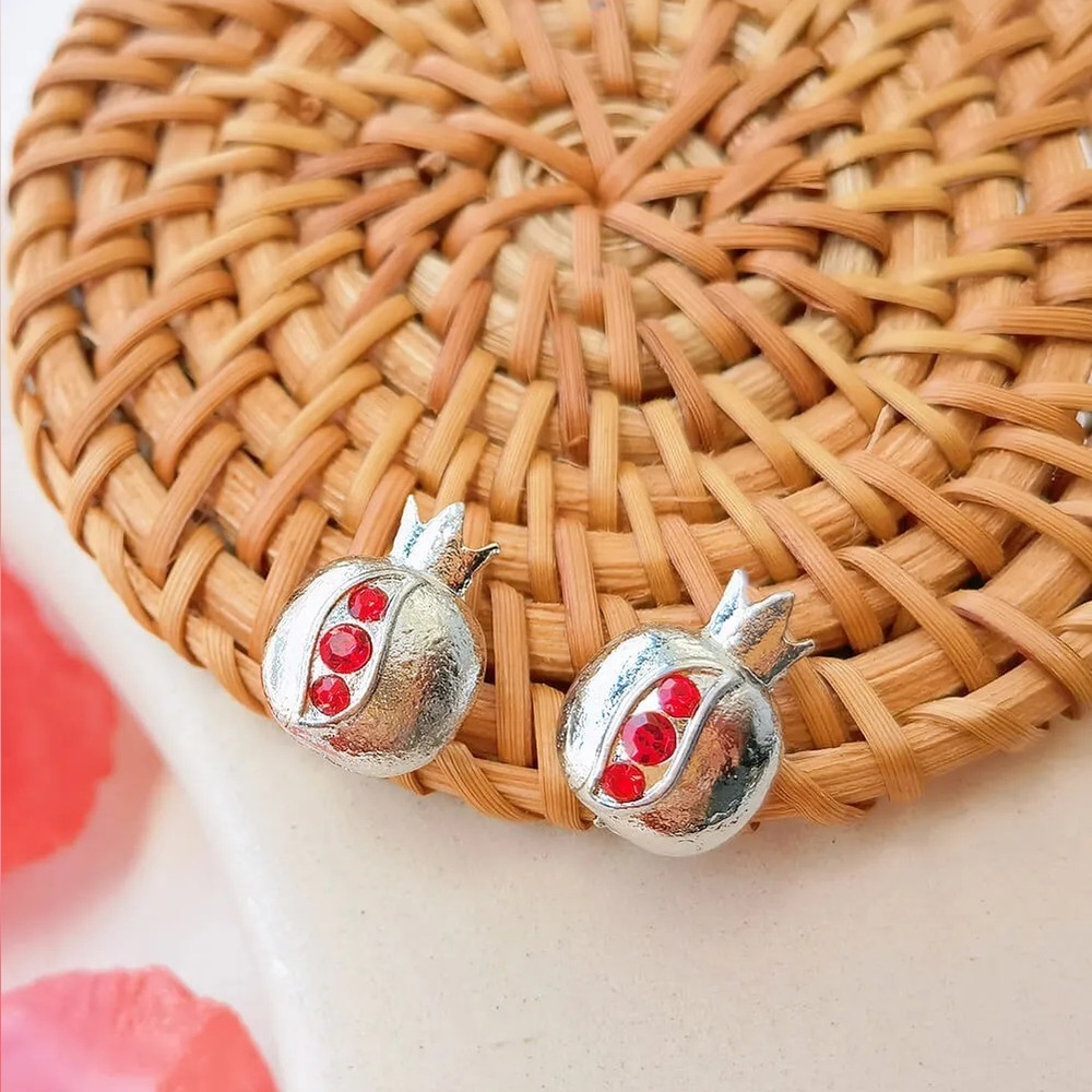Silver and Red Pomegranate stud Earrings
